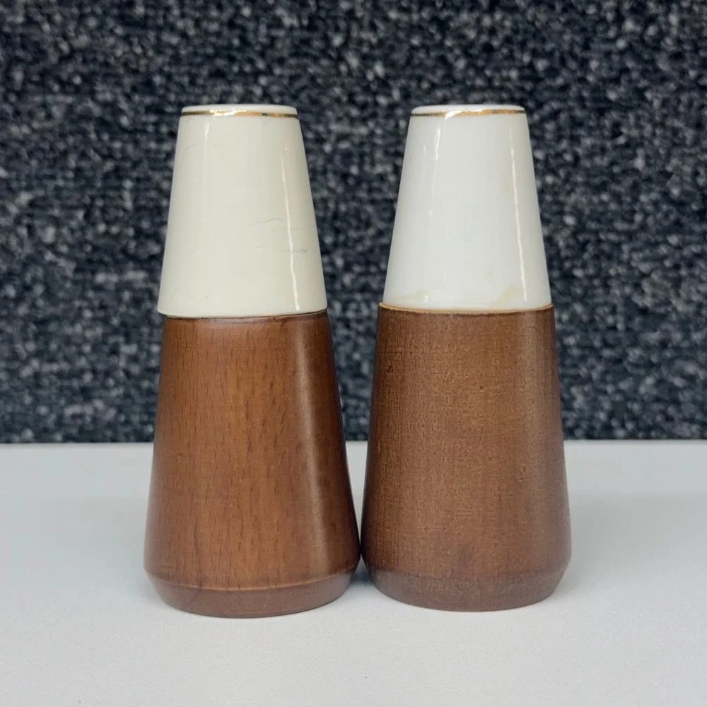 Vintage Nevco Japan Wood and Ceramic Floral Salt and Pepper Shakers Set MCM Rose